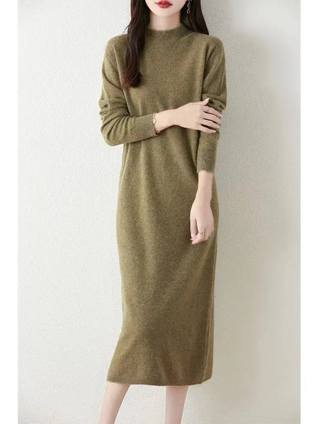 Autumn Winter Women's Wool Long Dress Cashmere Mock Neck Pullover Sweater 100% Merino Wool Soft Knitwear OL Simple Basic Dress - Lootquake