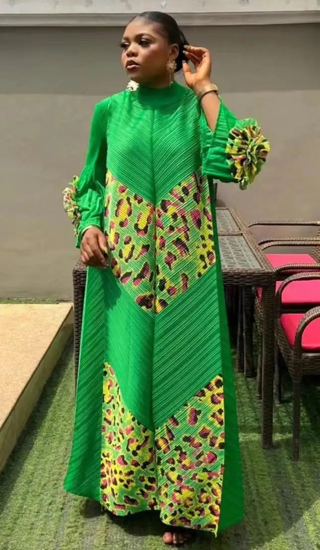 2024 Miyake Fashion Splicing Leopard Print Maxi Dress with Round Neck Hand Shake Flower Horn Sleeves Long Loose Fit Long Dress - Lootquake