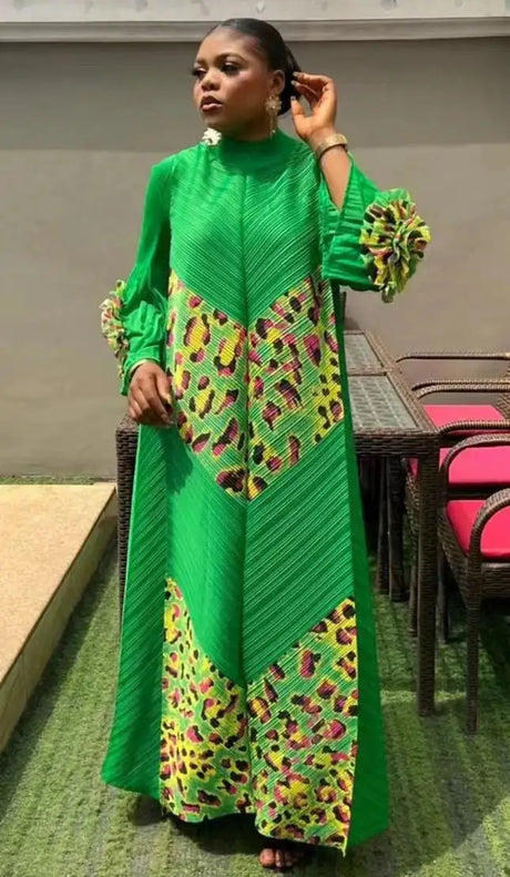 2024 Miyake Fashion Splicing Leopard Print Maxi Dress with Round Neck Hand Shake Flower Horn Sleeves Long Loose Fit Long Dress - Lootquake