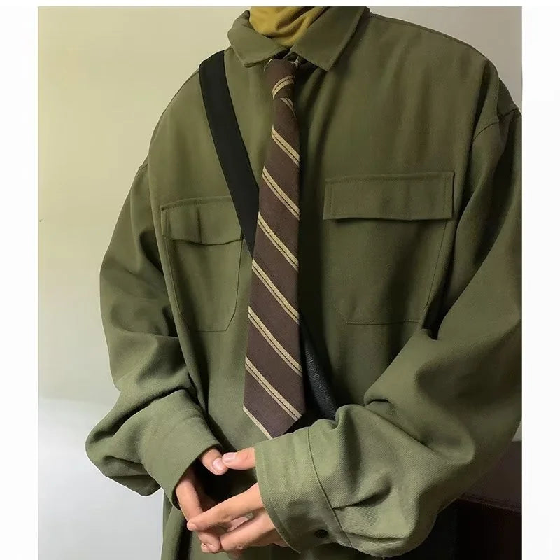 Autumn Green Black Shirt Men Fashion Social Mens Dress Shirt Korean Loose Long Sleeve Shirts Mens Pocket Tooling Shirt M-3XL - Lootquake