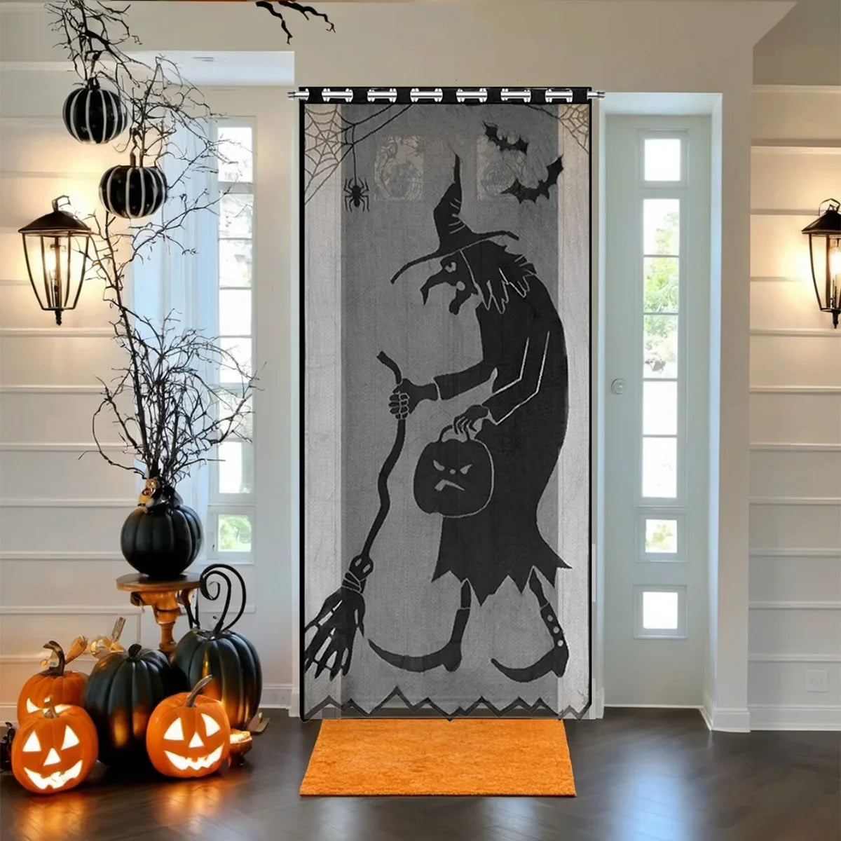 Halloween Window Decorations Halloween Door Curtain Skeleton & Bat Black Lace Panel for Haunted House Decor