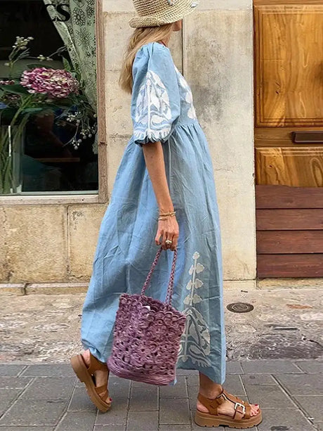 Elegant Print Half Puff Sleeve Dresses Women Loose V-neck Lace Up Backless Long Dress 2024 Summer New Ladies Chic Beach Robes - Lootquake