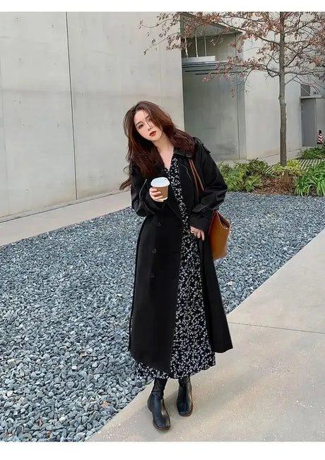 Streetwear Loose Trench Coat Midi Length Fashion Korean Elegant Khaki Black Women's Windbreaker Coat Casual Double Breasted Tops - Lootquake