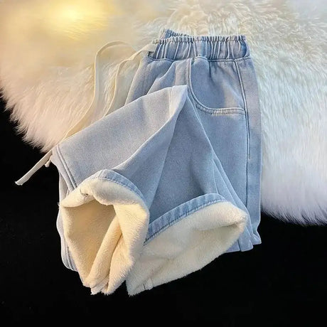 Thicken Velvet Lined Casual Wide Leg Jean  Warm Fashion High Waist Cowboy New Vaqueros  Winter Basic Snow Wear Women Denim Pants - Lootquake