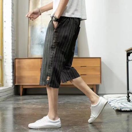 Summer New Trend Cotton Hemp Thin Straight Casual Capris Men Print Stripe Elastic Waist Drawstring Pocket Versatile Loose Shorts - Lootquake