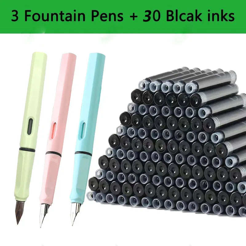 Juego de 33 plumas estilográficas Kawaii con tinta reemplazable, tinta negra, azul y roja EF de 0,38 mm, bolígrafos escolares, material de oficina, papelería para escribir.