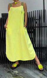 Summer Fashion Solid Cotton Linen Dresses Women Sexy Square Neck Sleeveless Suspender Slit Long Dress Casual Loose Dress Woman - Lootquake