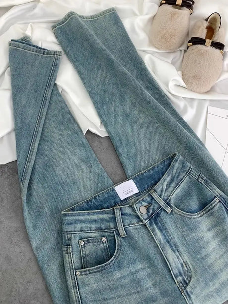 Blue Women Jeans Streetwear Vintage Fashion High Waisted Wide Leg Jean Female Trouser Letter Hip Hop Baggy Blue Denim Pants - Lootquake