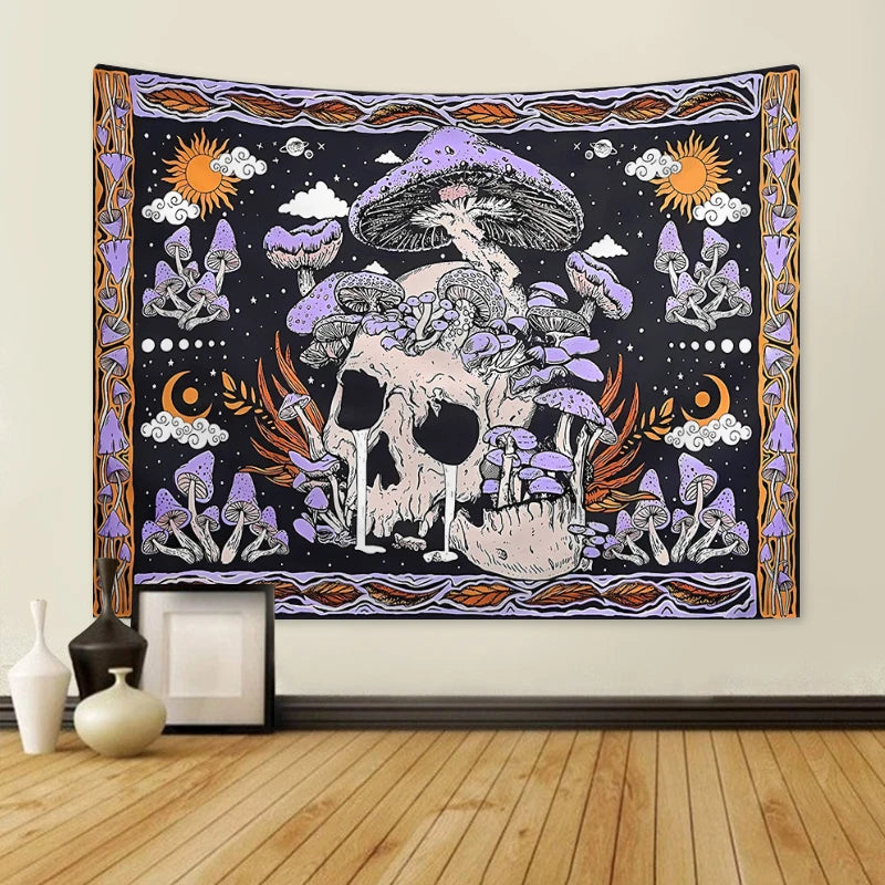 1pc Skeleton mushroom pattern tapestry, moon sun mandala tapestry, room decoration wall hanging