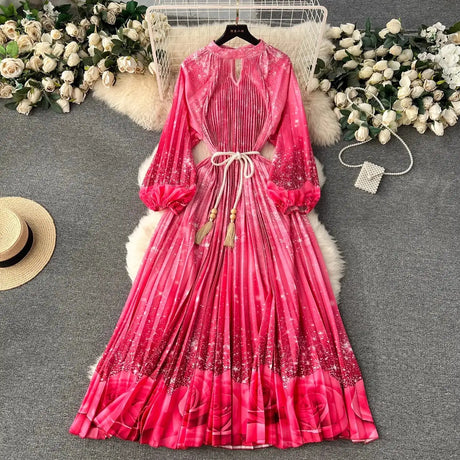 Spring Holiday Print Long Dress For Women Fashion Loose Lantern Sleeve Party Robe Female Big Swing Tassels Belt Pleated Clothes - Lootquake