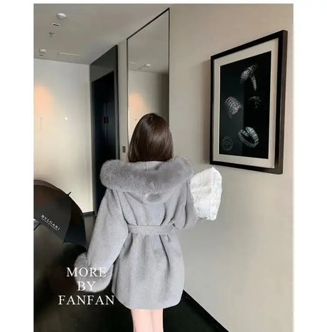 Woolen Windbreaker Jacket Women's Overcoat Fashion Loose Belt Wool Collar Hooded Wool Coat Outwear New Autumn Winter Wool Coats - Lootquake