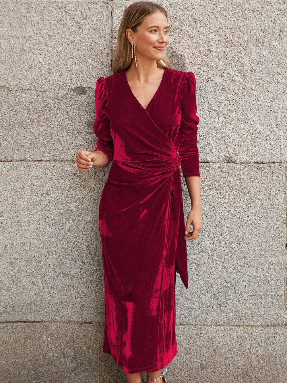 Elegant Solid Velvet Long Dress Women V-neck Wrap Long Sleeve High Waist Ruched Lace-up Birthday Dress Evening Sexy Party Vestid - Lootquake