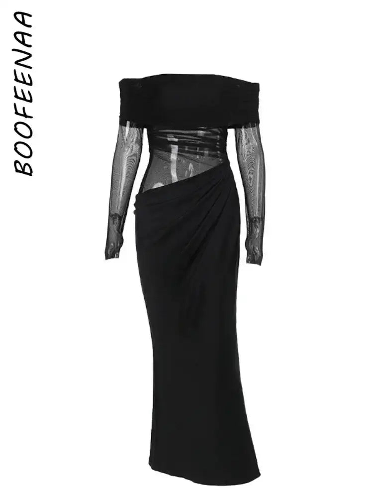 BOOFEENAA See Through Mesh Patchwork Black Long Dress Fall 2024 Sexy Elegant Off Shoulder Long Sleeve Cutout Dresses C66-EZ33 - Lootquake