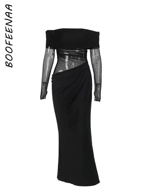 BOOFEENAA See Through Mesh Patchwork Black Long Dress Fall 2024 Sexy Elegant Off Shoulder Long Sleeve Cutout Dresses C66-EZ33 - Lootquake