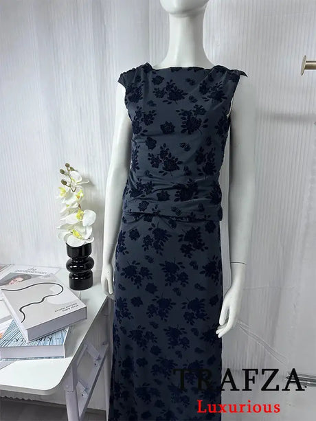 TRAFZA Vintage Casual Chic Women Flocking Suit O-Neck Backless Sleeveless Top Asymmetrical Long Skirt Fashion 2025 Spring Suit - Lootquake