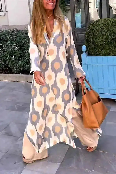 Bohemian Casual Print V-neck Long Dress Spring Autumn Vintage Mosaic Print Maxi Dress Loose Long Sleeve Holiday Dresses Vestido - Lootquake