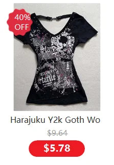 Vintage Women Top Y2k Aesthetic Punk Black Sleeveless T-shirt Korean Party Sexy V-neck Slim Crop Top 2000s Female Clothing Goth - Lootquake