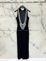 Women Heavy Rhinestone Bead Sexy Backless High Neck Waist Bag Hip Slimming Velvet Long Dress - Lootquake