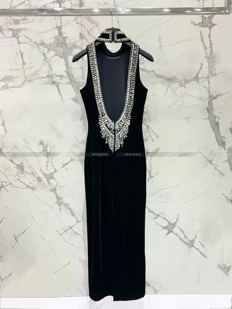 Women Heavy Rhinestone Bead Sexy Backless High Neck Waist Bag Hip Slimming Velvet Long Dress - Lootquake