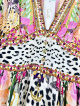 2024 Spring New V Neck Pink Leopard Print Heavy Beaded Women 100% Silk maxi long Dress - Lootquake