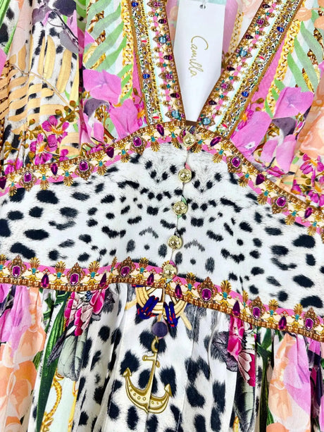 2024 Spring New V Neck Pink Leopard Print Heavy Beaded Women 100% Silk maxi long Dress - Lootquake