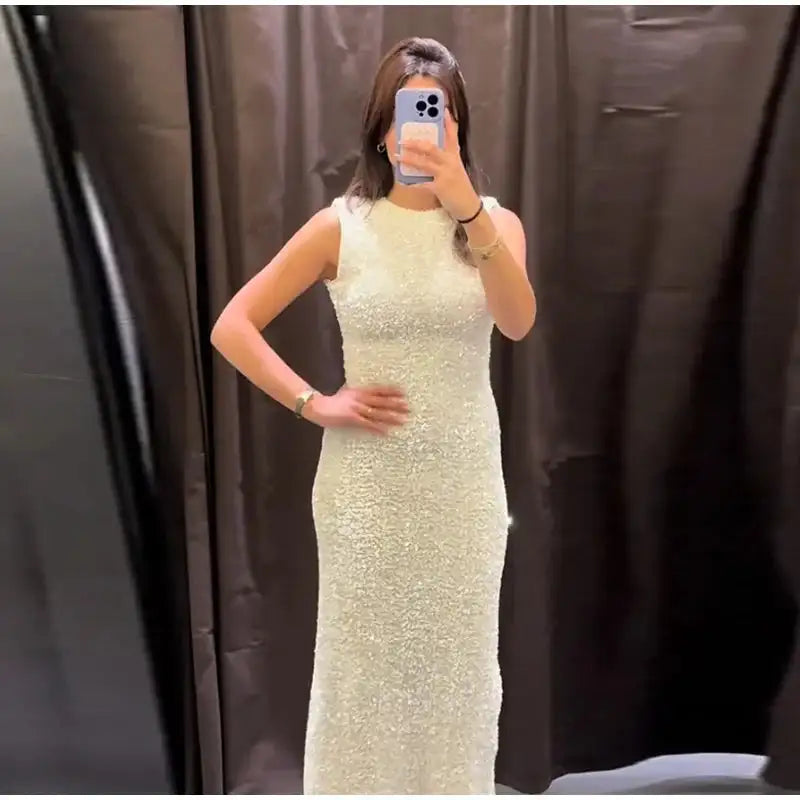 Sequined Party Dresses For Women Removable Sleeve O-neck Slim Long Dress Female 2025 Elegant White Lady Sexy Evening Vestidos - Lootquake
