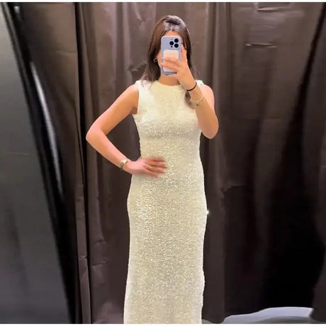 Sequined Party Dresses For Women Removable Sleeve O-neck Slim Long Dress Female 2025 Elegant White Lady Sexy Evening Vestidos - Lootquake