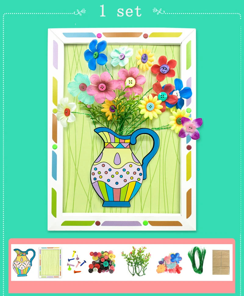 Kids DIY Craft Kit 3D Embossing Kit Photo Frame DIY Making Button Bouquet Boy Girls Interactive Handmade Educational Toy Gift