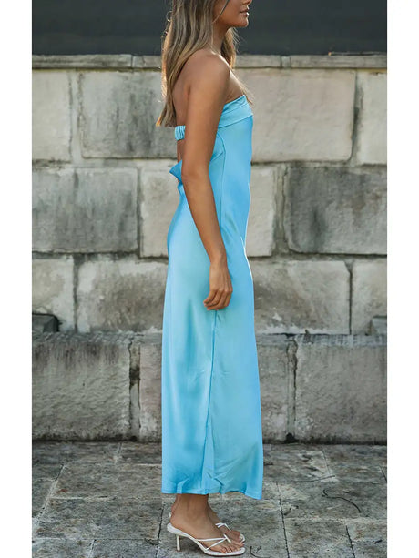 Women Summer Solid Color Party Strapless Dress Sleeveless Backless Elastic Strap Silk Surface Elegant Long Dress - Lootquake