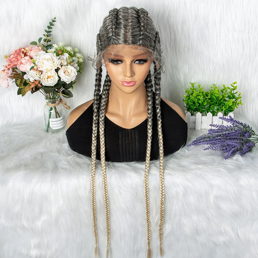 36" 27/613 Blonde Cornrow Braided Wig | Lace Frontal Box Braids | Synthetic Wig with Baby Hair for Black Women