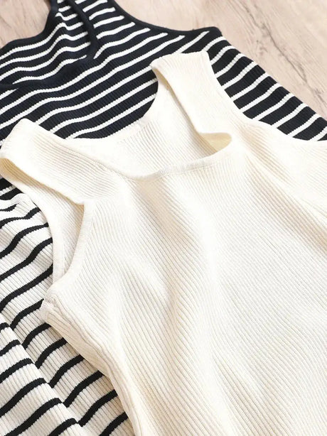 Top Women's loose-fitting striped, spicy Casual Sleeveless Top with round neckline and off-the-shoulder outdoor tank top, summer - Lootquake
