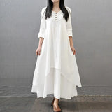 Women Elegant Linen White Dresses Bohemia Layering Vintage Robe Long Sleeve Loose Long Dress Female Autumn Vestidos - Lootquake