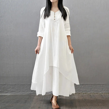Women Elegant Linen White Dresses Bohemia Layering Vintage Robe Long Sleeve Loose Long Dress Female Autumn Vestidos - Lootquake
