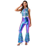 Womens Halloween Retro Hippie Cosplay Costume Party Hip-hop Dance Costume Metallic Shiny Vintage Carnival Bodysuit Jumpsuit