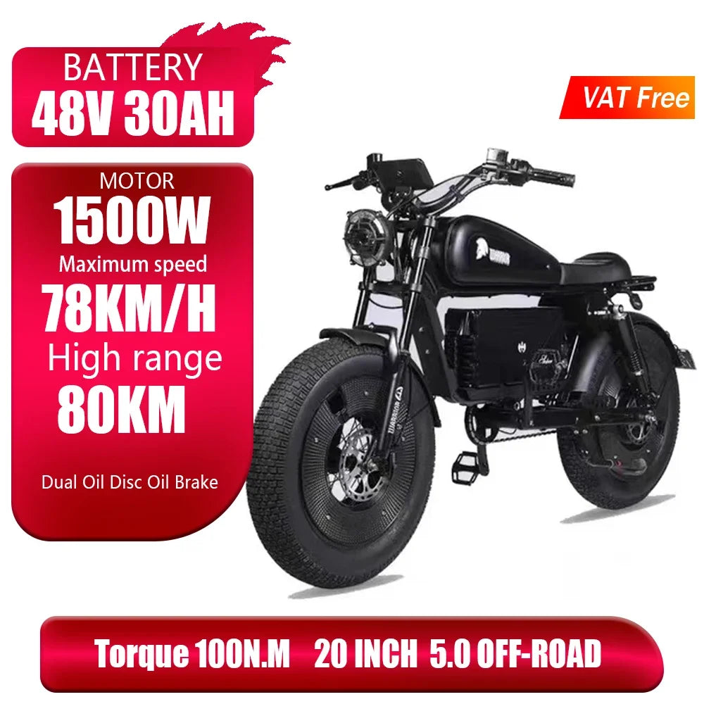 ZPW Black Warrior - Bicicleta eléctrica de carretera para adultos, 1500 W, 48 V, 60 Ah, 20 pulgadas, todoterreno, neumáticos anchos