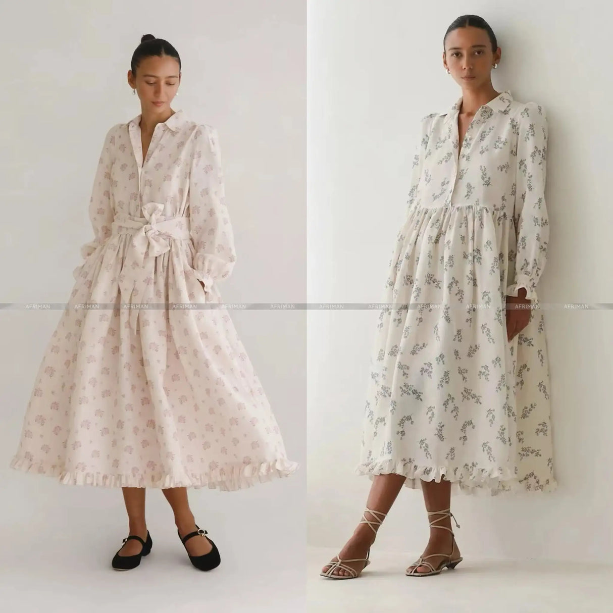 2025 New 100% Linen Flower Print Long Sleeve Tie Up Waist Loose Long Dress - Lootquake