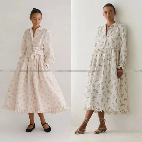 2025 New 100% Linen Flower Print Long Sleeve Tie Up Waist Loose Long Dress - Lootquake