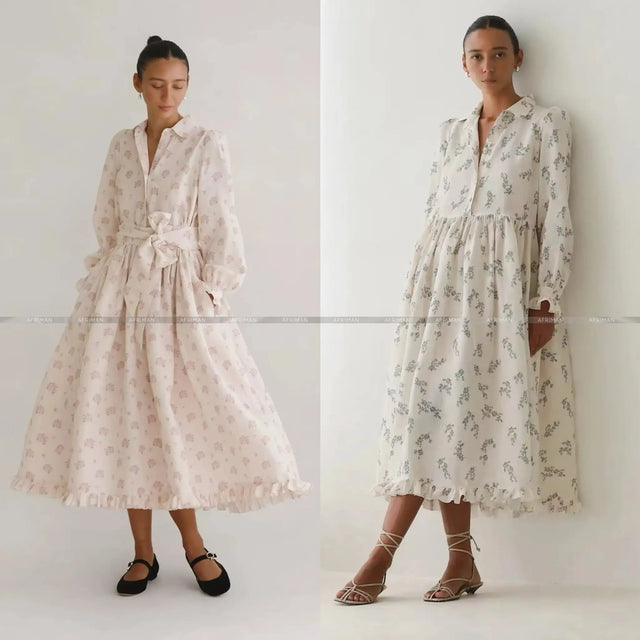 2025 New 100% Linen Flower Print Long Sleeve Tie Up Waist Loose Long Dress - Lootquake