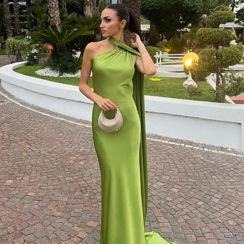Elegante vestido largo ajustado de satén con cuello halter y bufanda para mujer, nuevo vestido maxi sexy sin espalda sin mangas, vestidos elegantes de fiesta de verano para mujer