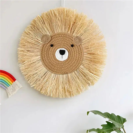 Nordic Hand Woven Lion Wall Hanging Ornaments Cartoon Animal Head Straw Weaving Children Room Wall Decor Tent Party Decoration - Lootquake