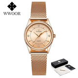WWOOR 2023 Casual Women Dress Rose Gold Mesh Belt  Fashion Diamonds Wristwatch Waterproof Simple Female Quartz Watch Reloj Mujer - Lootquake