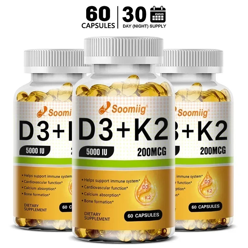 Cápsulas de vitamina D3 (5000 UI) y 200 mcg de vitamina K2 (MK-7) para la absorción de calcio, la regeneración ósea y el refuerzo inmunitario. Fáciles de disolver.