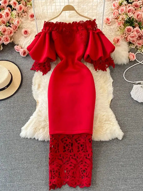Sexy Hollow Out Lace Bodycon Long Dress Women Elegant Red/Pink/White Off Shoulder Patchwork Maxi Party Vestidos 2021 Autumn New - Lootquake