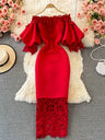 Sexy Hollow Out Lace Bodycon Long Dress Women Elegant Red/Pink/White Off Shoulder Patchwork Maxi Party Vestidos 2021 Autumn New - Lootquake