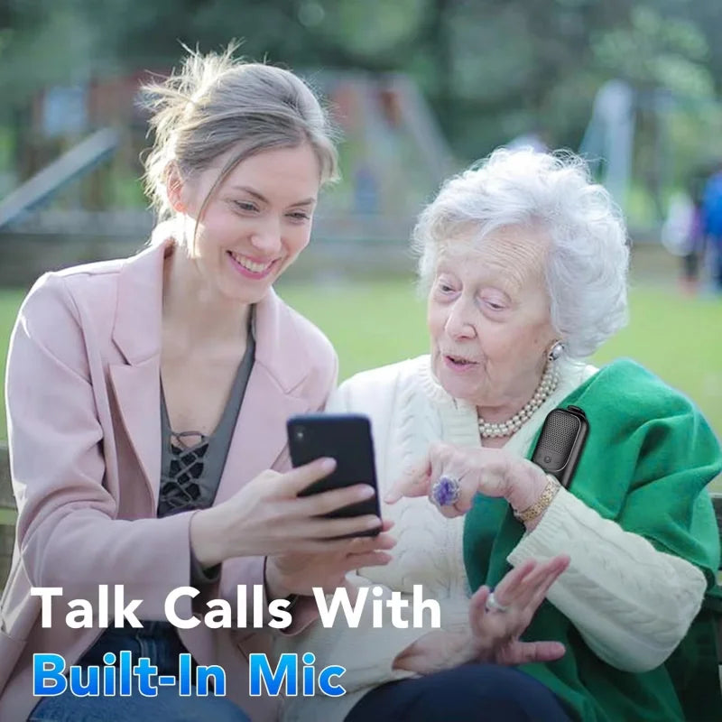 Altavoz Bluetooth inalámbrico portátil con clip y micrófono incorporado, ideal para deportes al aire libre.