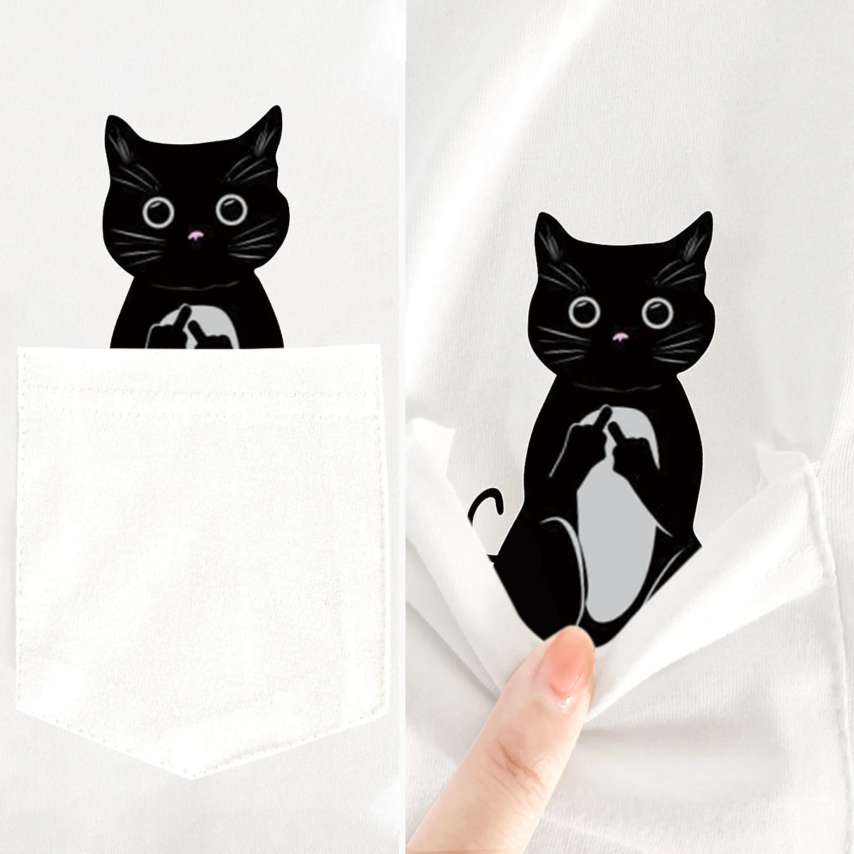 CLOOCL Cotton T-Shirt Red Wine Cat Middle Finger Pattern Printed