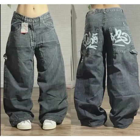 2023 New American Harajuku retro skull print straight high waist Y2K women's washed grey jeans Streetwear Gothic wide trousers - Lootquake