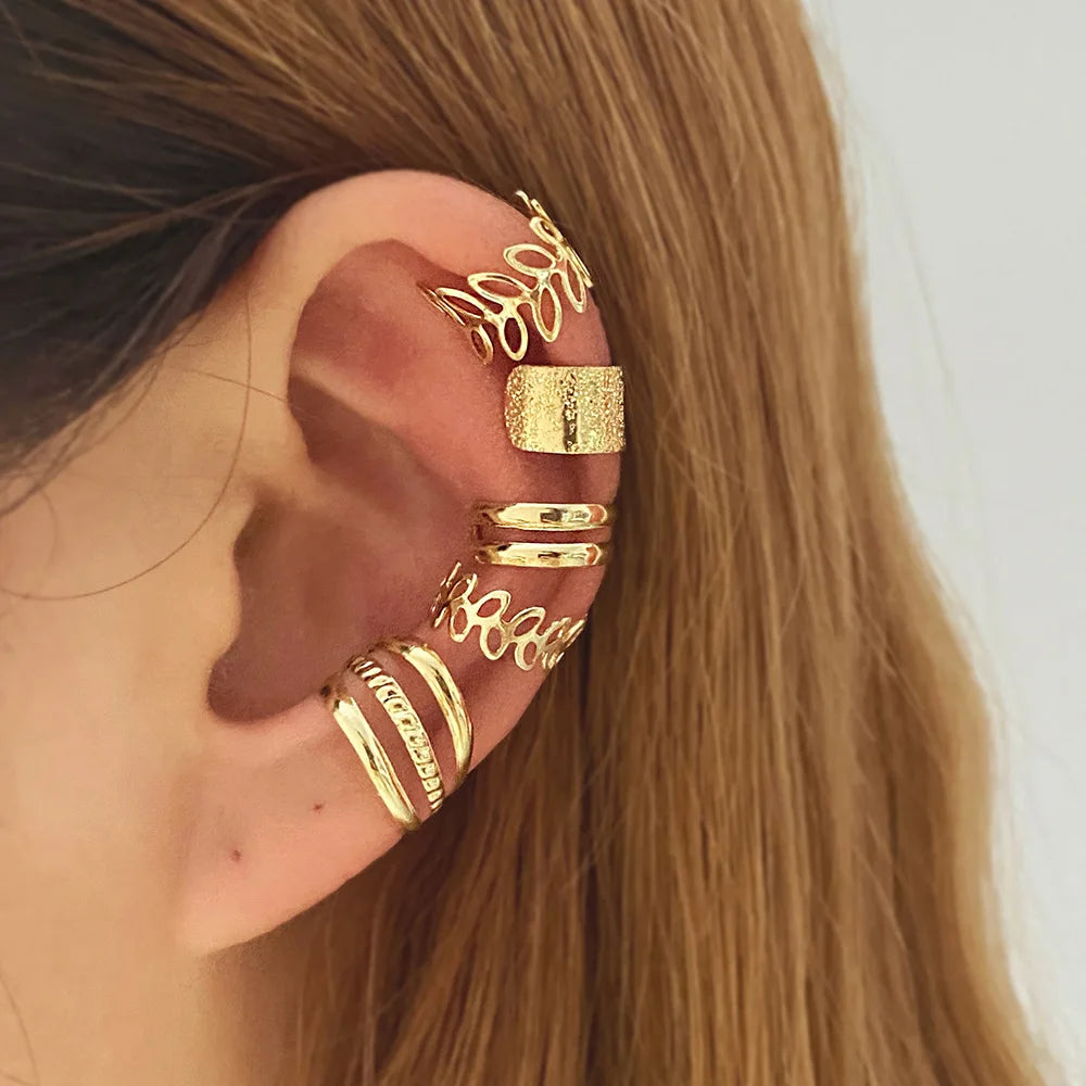 LATS Gold Color Leaves Ear Cuffs, Black Non-Piercing Ear Clip Earrings for Women & Men - Lootquake
