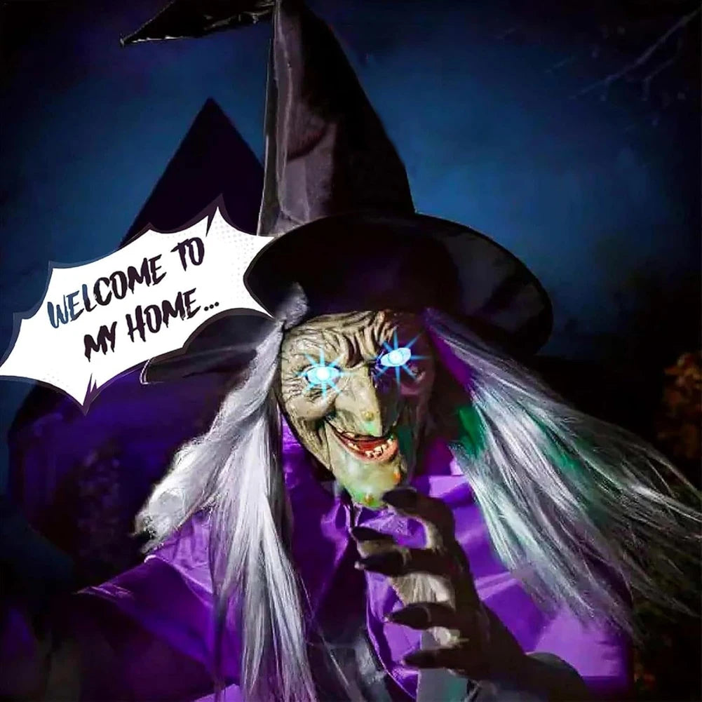 Halloween Props with Terrifying Sounds and Lights Halloween Flying Witch Decor Broom Wizard Decor for Balcony Entry Themed Party