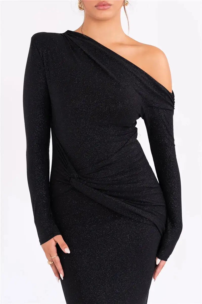 Vestido largo sexy de manga larga con brillos de Mozision para mujer, con hombros descubiertos, espalda descubierta, fruncido, para fiesta en club